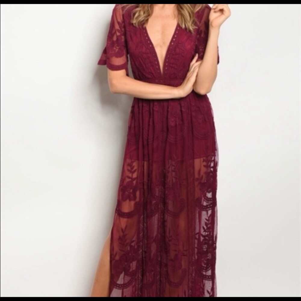 Red lace maxi dress